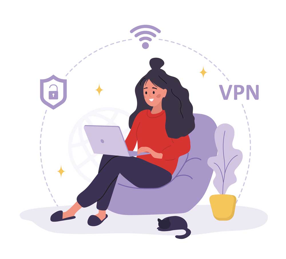 Frau in rotem Pullover sitzt mit einem Laptop mit VPN auf dem Schoß