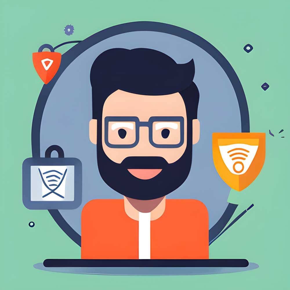 Mann mit Bart und allen möglichen VPN-Sicherheitssymbolen für Daten Schutz